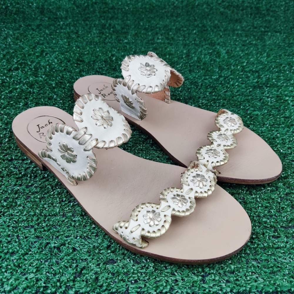 Jack Rogers Sandals Womens 7.5 White Gold Lauren Slide Whipstitch Leather Flat
